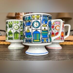 Holt Howard MCM Whimsical Ceramic Kitchen Illustrated Pedestal Coffee Mugs (3)!
